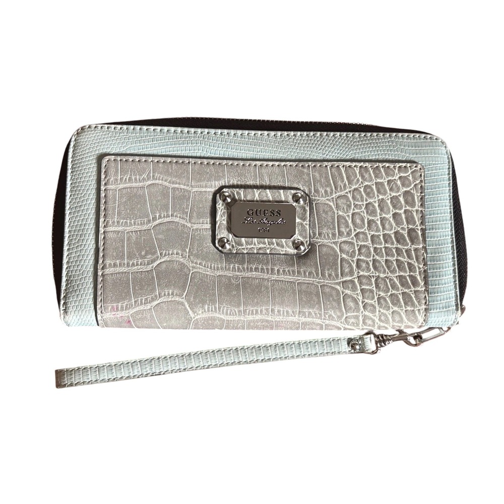 Guess Grey Teal Faux Snakeskin Embossed Zip Around Wallet Clutch NWOT